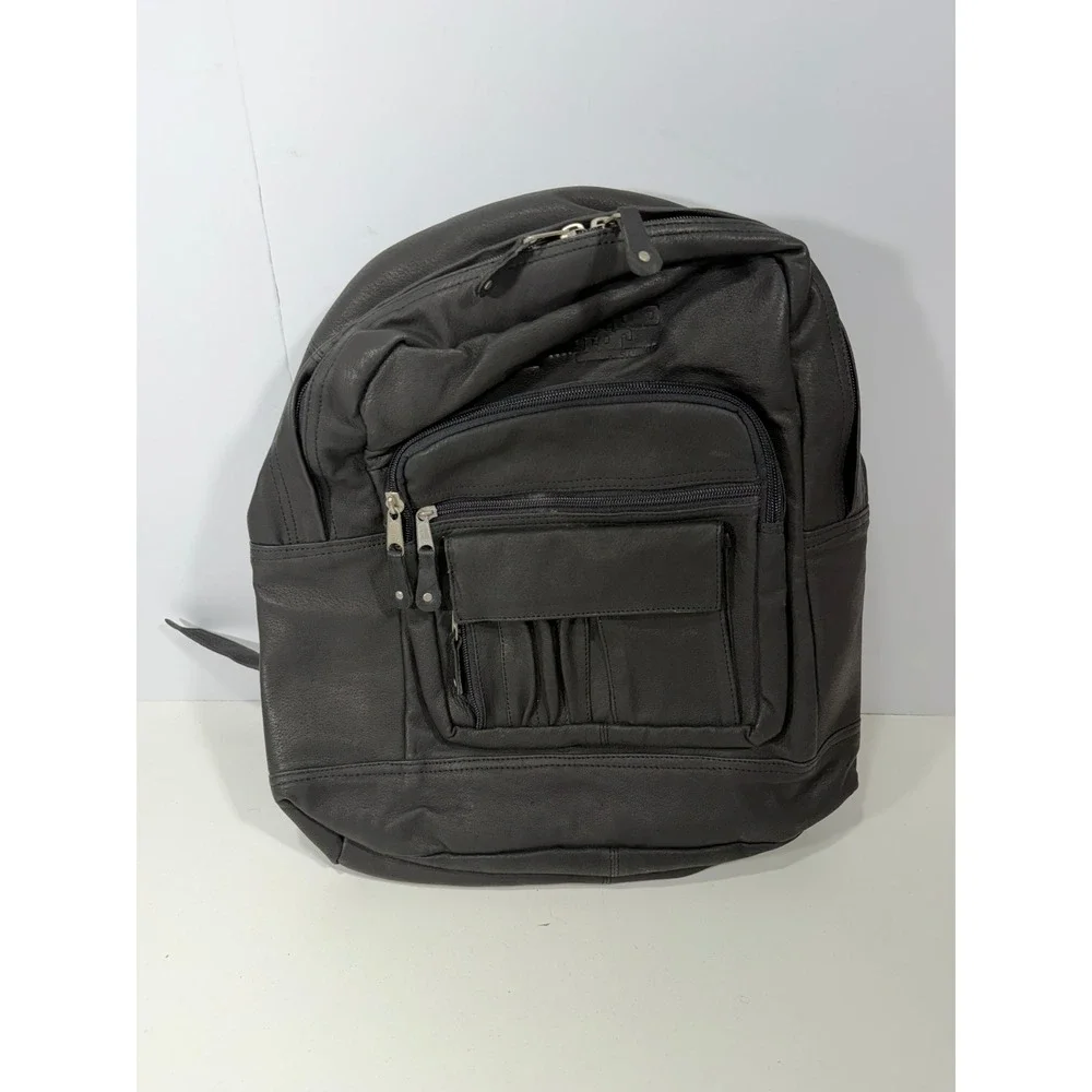 New United Motor Manufacturing Black Leather Backpack Multi Pocket YKK Zipper